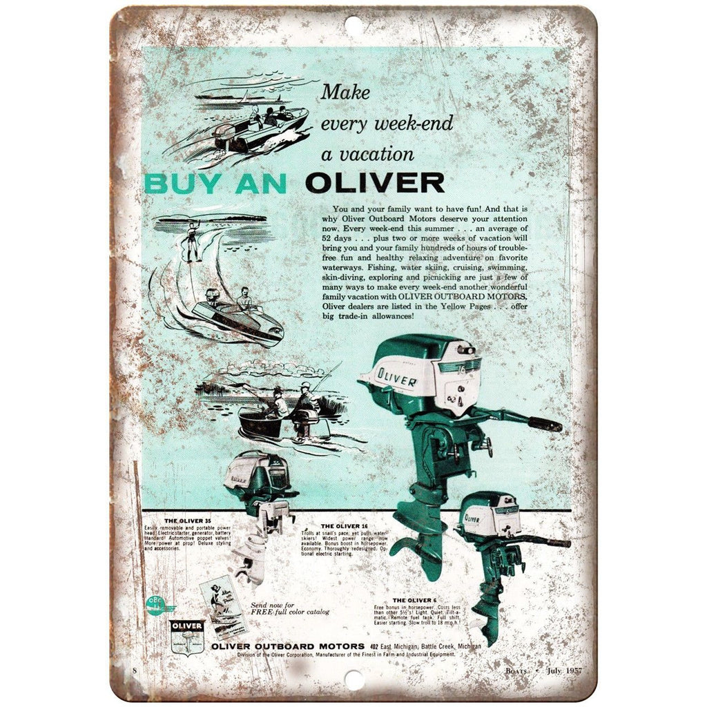 1957 Oliver Outboard Motor Vintage Boat Ad 10" x 7" Reproduction Metal Sign L75