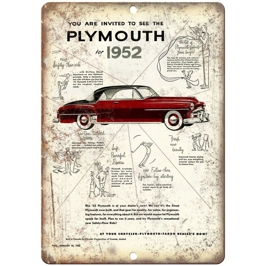 1952 Plymouth, Chrysler Car Ad 10" x 7" Reproduction Metal Sign