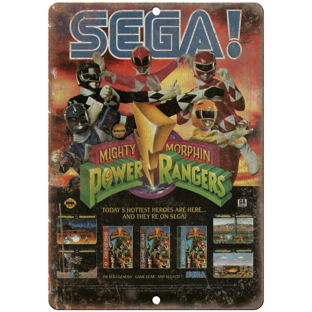 Sega Mighty Morphin Power Rangers Video Game Ad 10" x 7" Retro Look Metal Sign