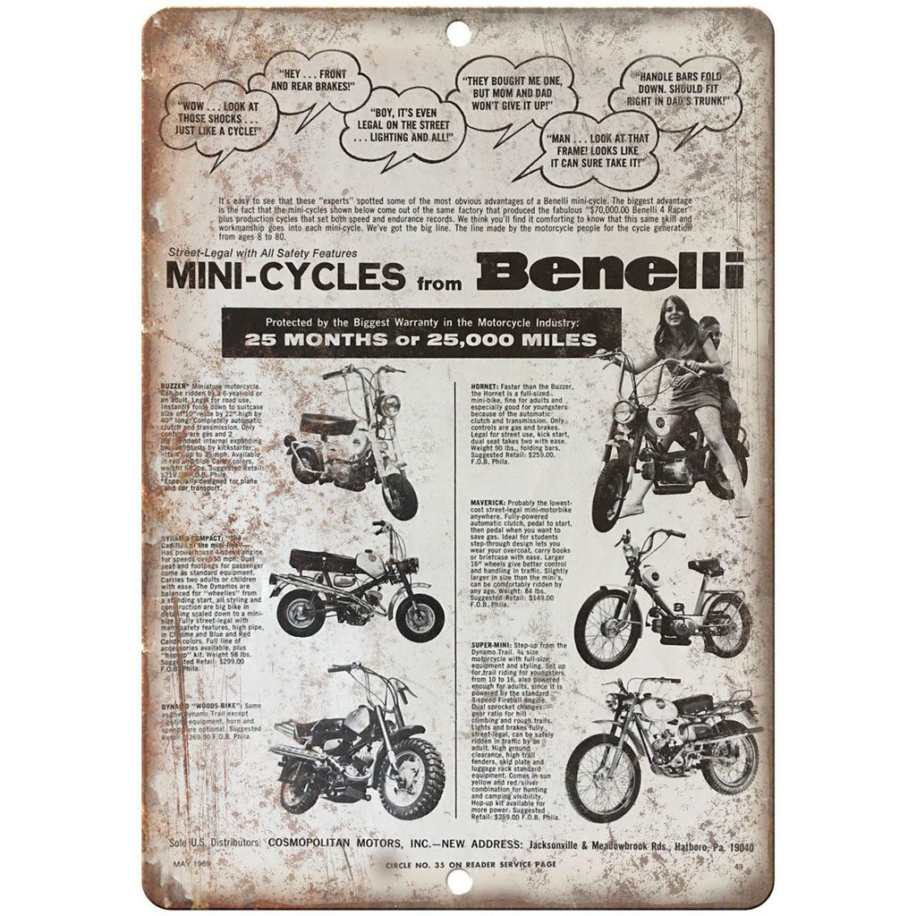 Mini-Cycles Benelli Vintage Ad 9" x 12" Reproduction Metal Sign A344