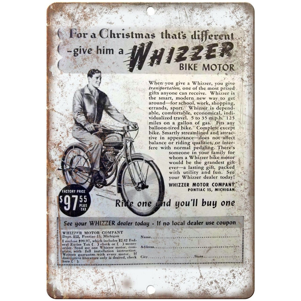 Whizzer Bike Motor Bicycle Vintage Ad 10" x 7" Reproduction Metal Sign B213