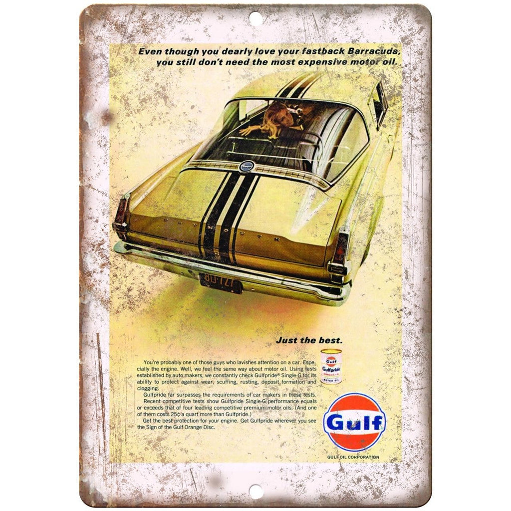 Gulf Motor Oil Plymouth Fastback Barracuda Ad 10"x7" Reproduction Metal Sign A07