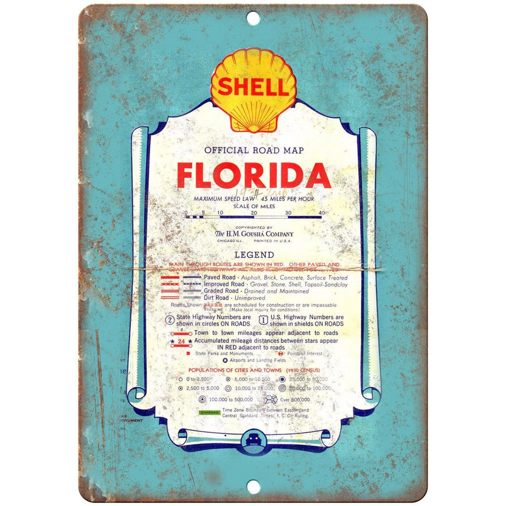 Shell Motor Oil Florida Vintage Map Cover 10" x 7" Reproduction Metal Sign A131