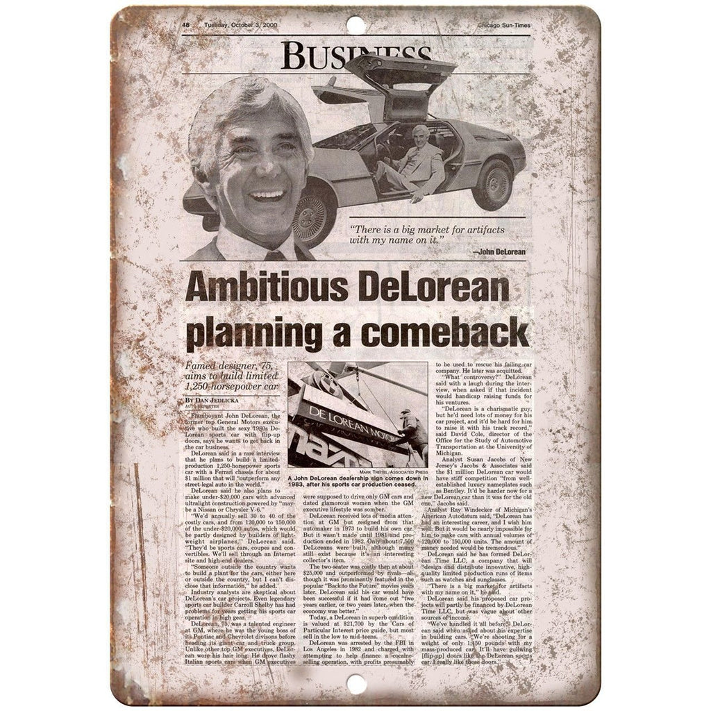 DMC DeLorean Vintage Article Chicago Sun Times - 10" x 7" Retro Look Metal Sign