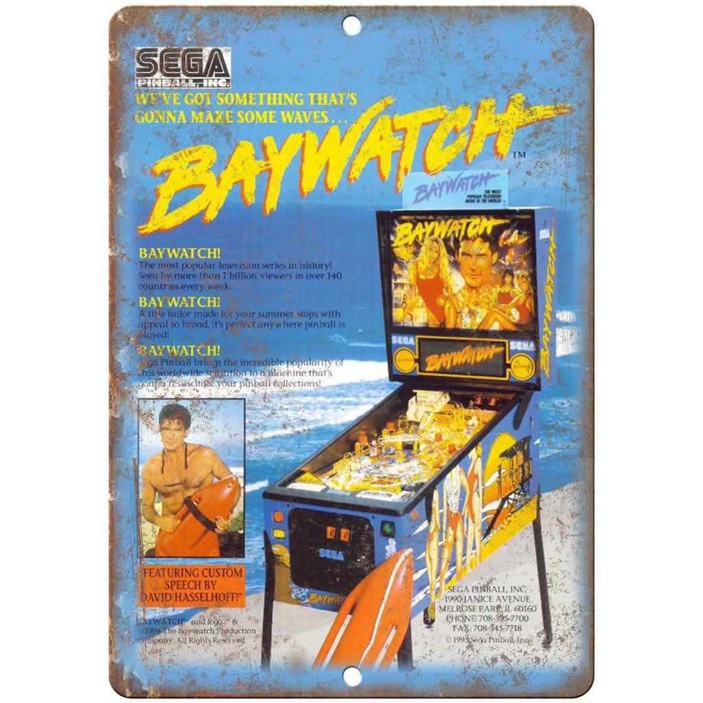 Sega Pinball Machine Baywatch Ad 10" X 7" Reproduction Metal Sign G98
