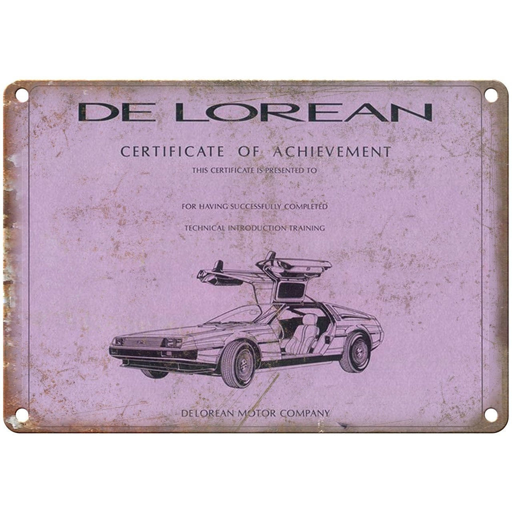 DMC DeLorean Vintage Certificate of Achievement 10" x 7" Retro Look Metal Sign