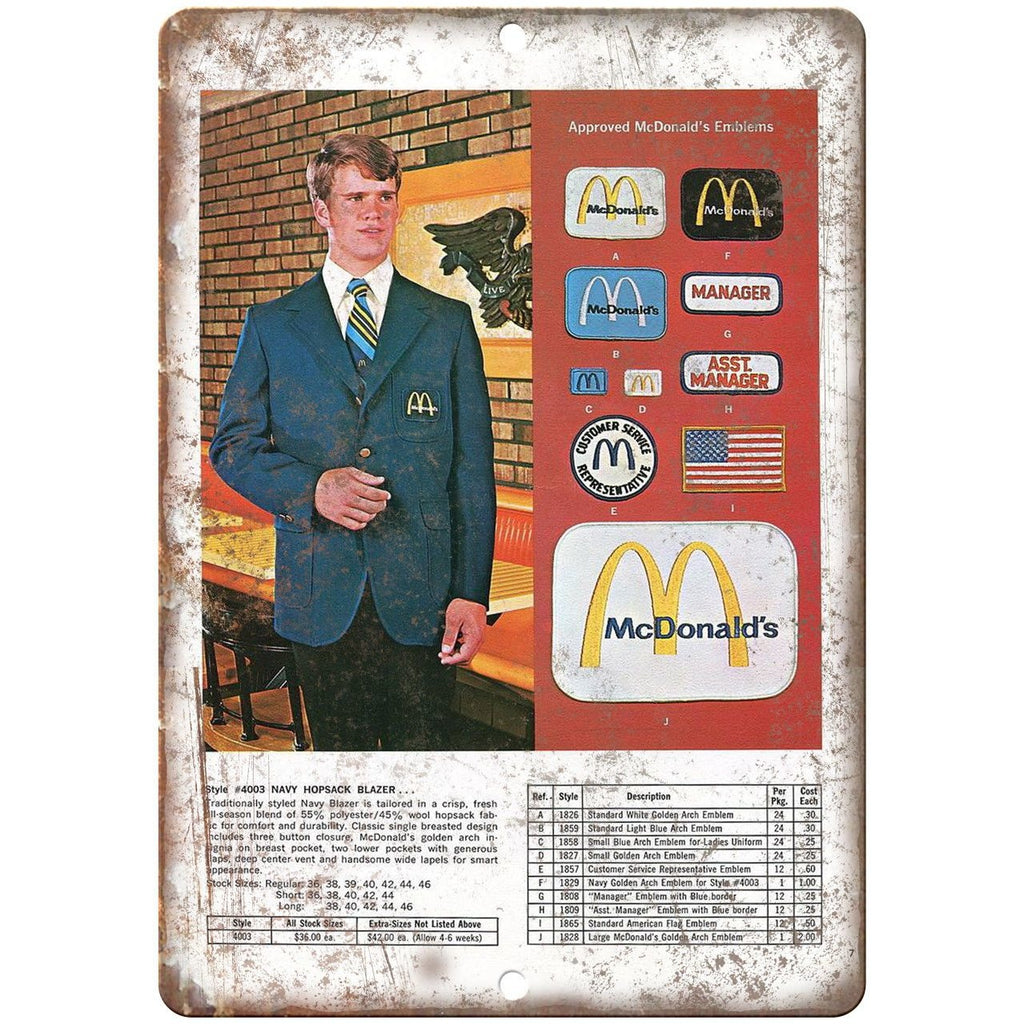 McDonald's Uniform Vintage Catalog Ad 10" X 7" Reproduction Metal Sign N239