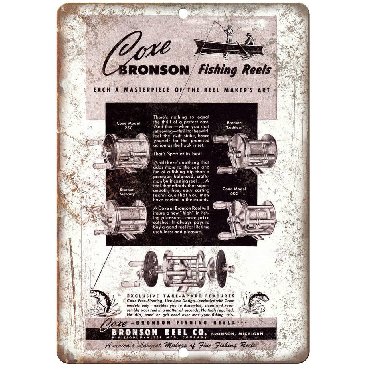 bronson fishing reels Coxe Bronson Reel Co. Fishing Reel Vintage Ad 9" x 12" Reproduction Me – Rusty Walls Sign Shop