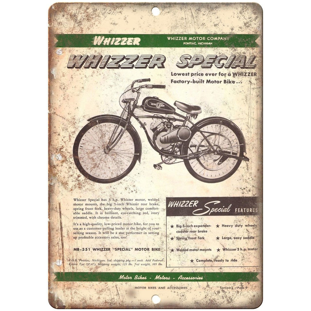 Whizzer Special Bicycle Motor Vintage Ad 10" x 7" Reproduction Metal Sign B200