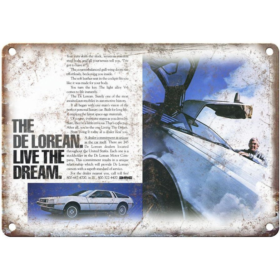 DMC De Lorean Vintage Car Ad - 10" x 7" Retro Look Metal Sign