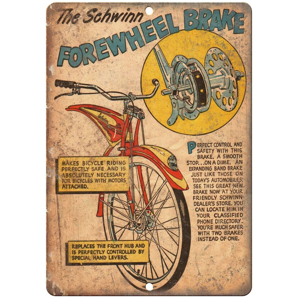 1949 Schwinn Bicycle Book Forewheel Brake 10" x 7" reproduction metal sign