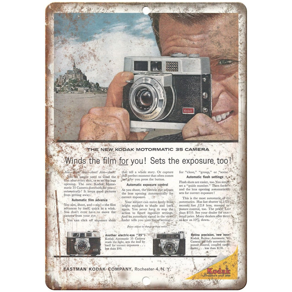1951 - Eastman Kodak Auto Wind Film Camera Ad - 10" x 7" Retro Look Metal Sign
