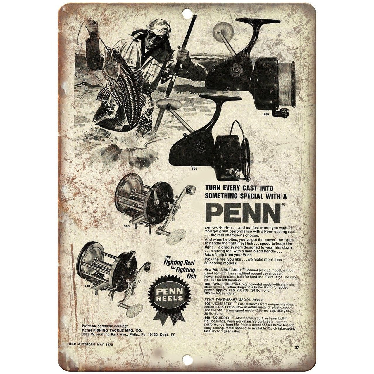 PENN FIshing Reels Bait and Tackle Vintage Ad 10' x 7 Reproduction Metal  Sign