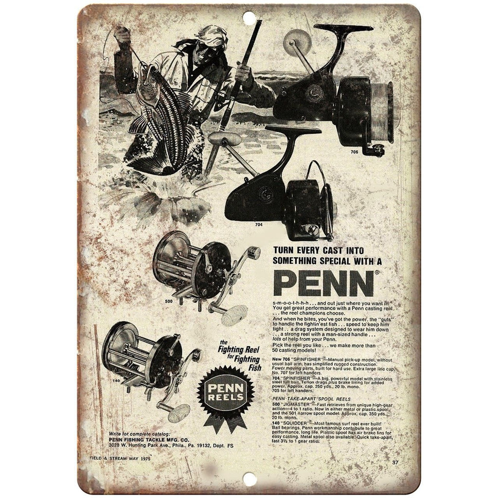 PENN FIshing Reels Bait and Tackle Vintage Ad 10'" x 7" Reproduction Metal Sign