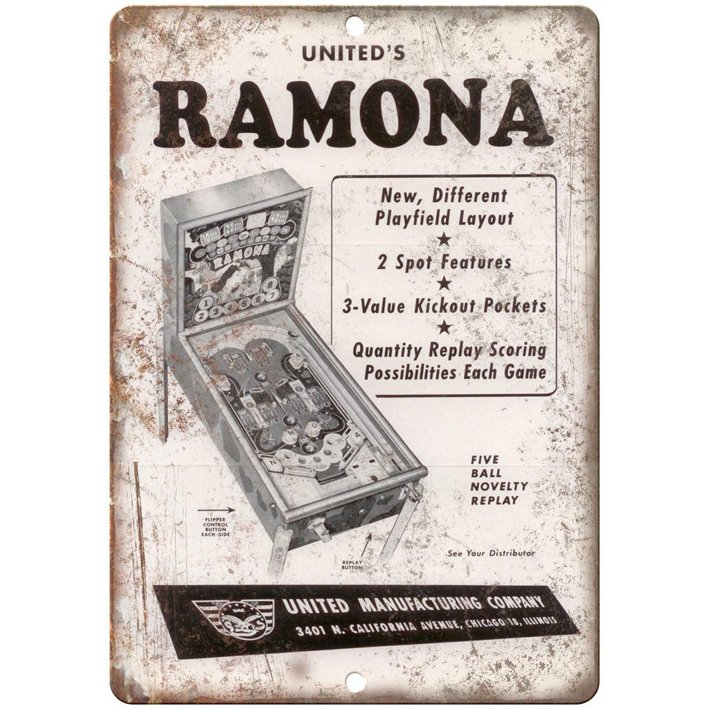 United's Ramona Pinball Machine Ad 10" x 7" Reproduction Metal Sign G148