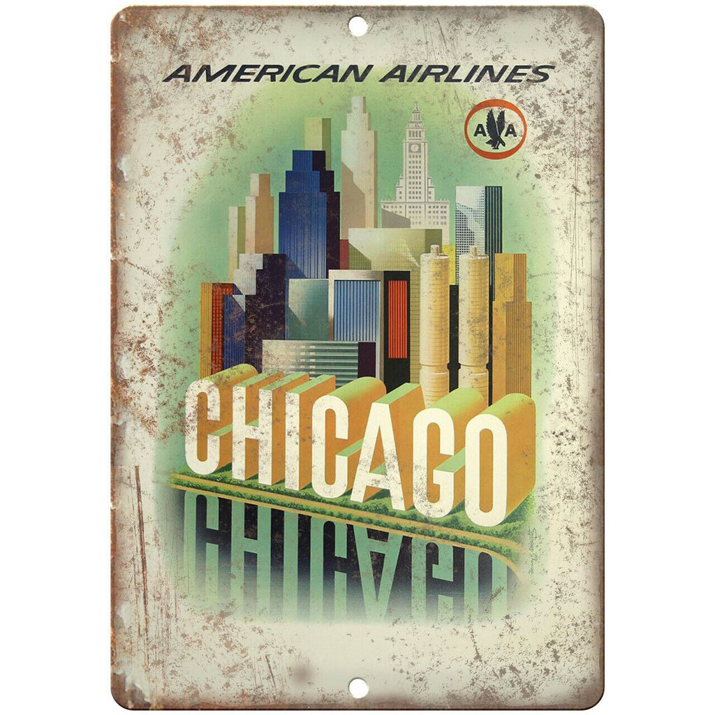 American Airlines Chicago Travel Poster 10" x 7" Reproduction Metal Sign T55