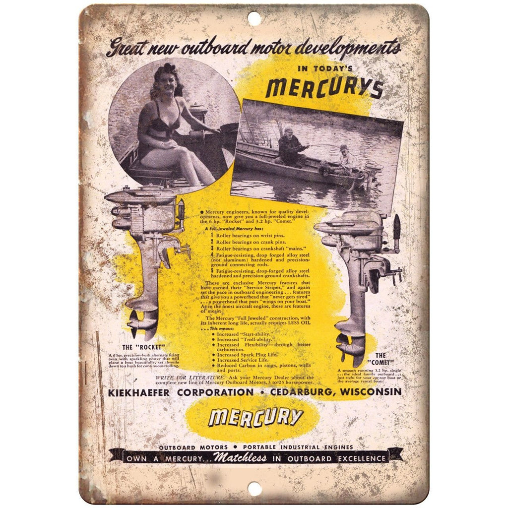 Mercury Outboard Motors Boating Vintage Ad 10" x 7" Reproduction Metal Sign