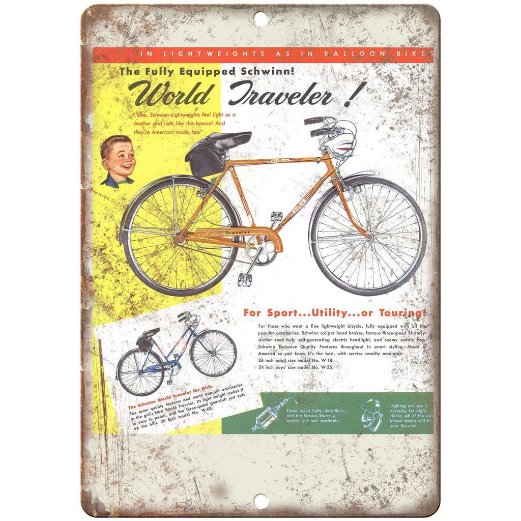 1952 Schwinn Bicycle Ad World Traveler - 10" x 7" Retro Look Metal Sign