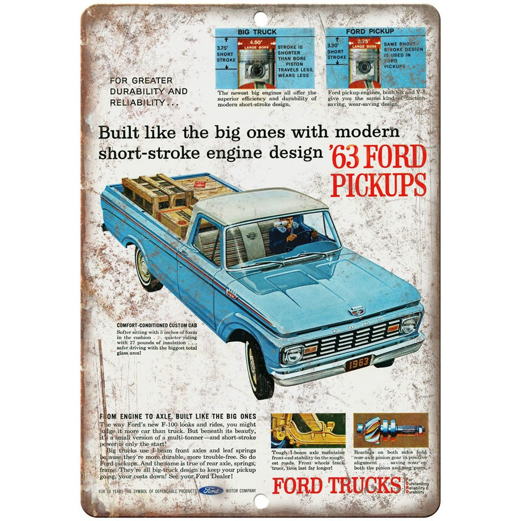 1963 - Ford F-100 Pickup Truck Ad - 10" x 7" Retro Look Metal Sign