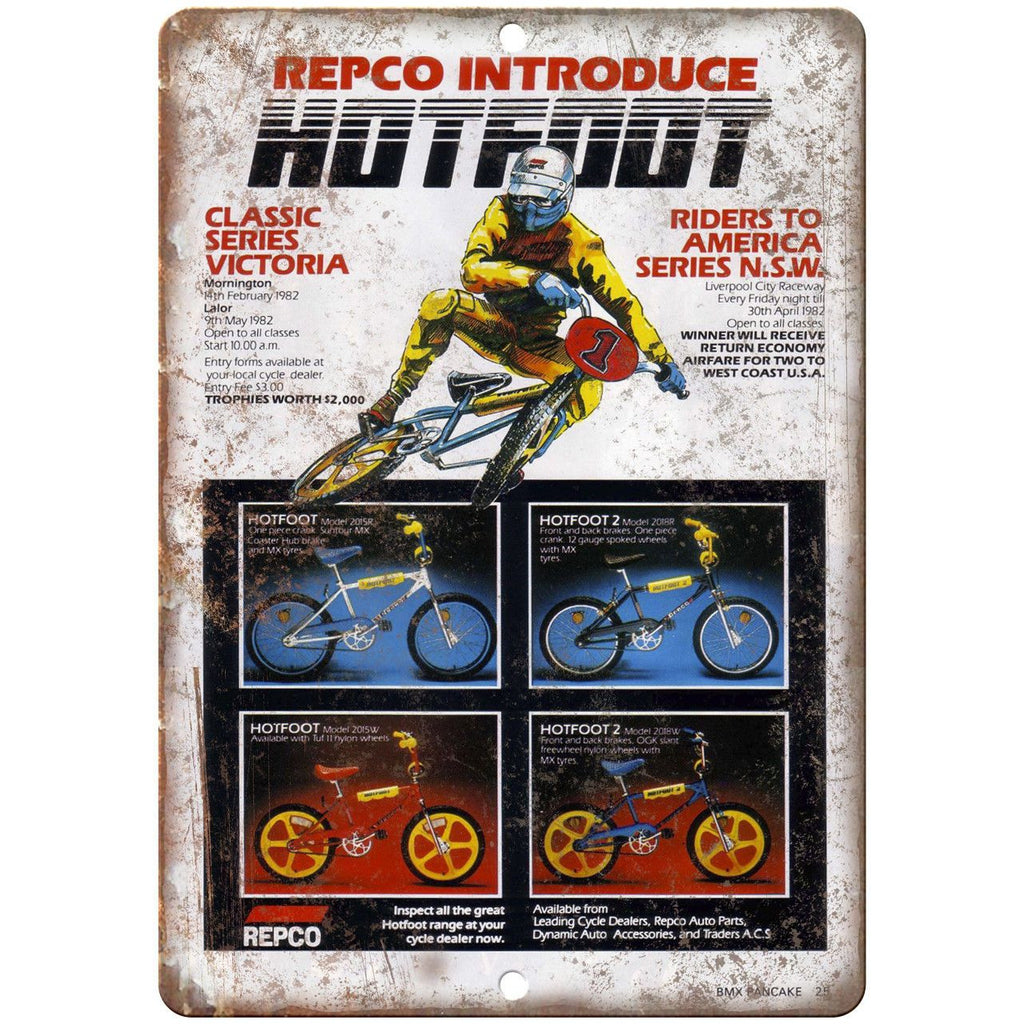 Repco Hotfoot BMX Mag Wheel Bicycle Ad 10" x 7" Reproduction Metal Sign B479