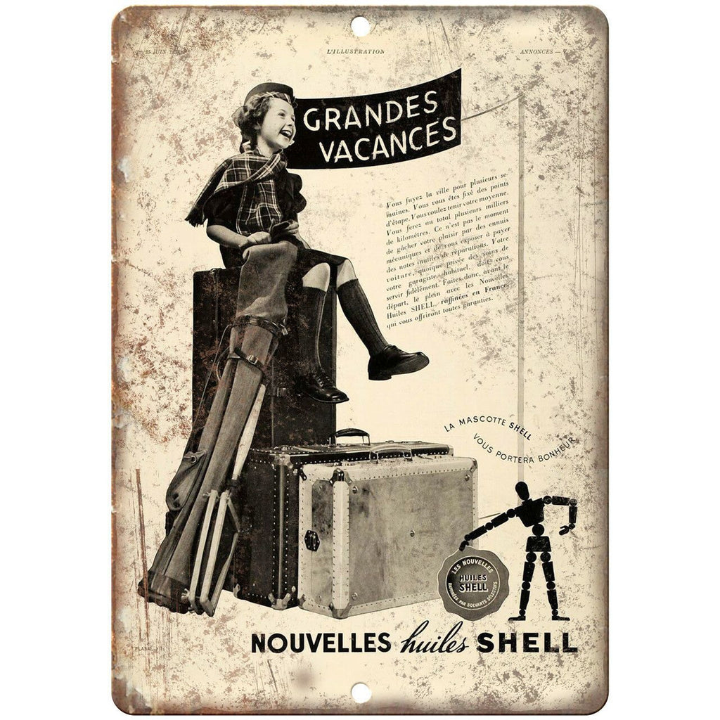 Huiles Shell Grandes Vacances Vintage Ad 9" x 12" Reproduction Metal Sign A749