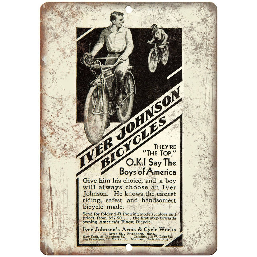 Iver Johnson Bicycles Vintage Art Ad 10" x 7" Reproduction Metal Sign B453
