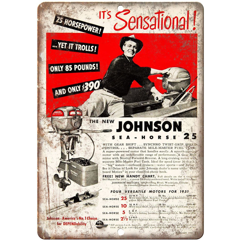 Johnson Sea Horse 25 Outboard Motor Vintage 10" x 7" Reproduction Metal Sign L68