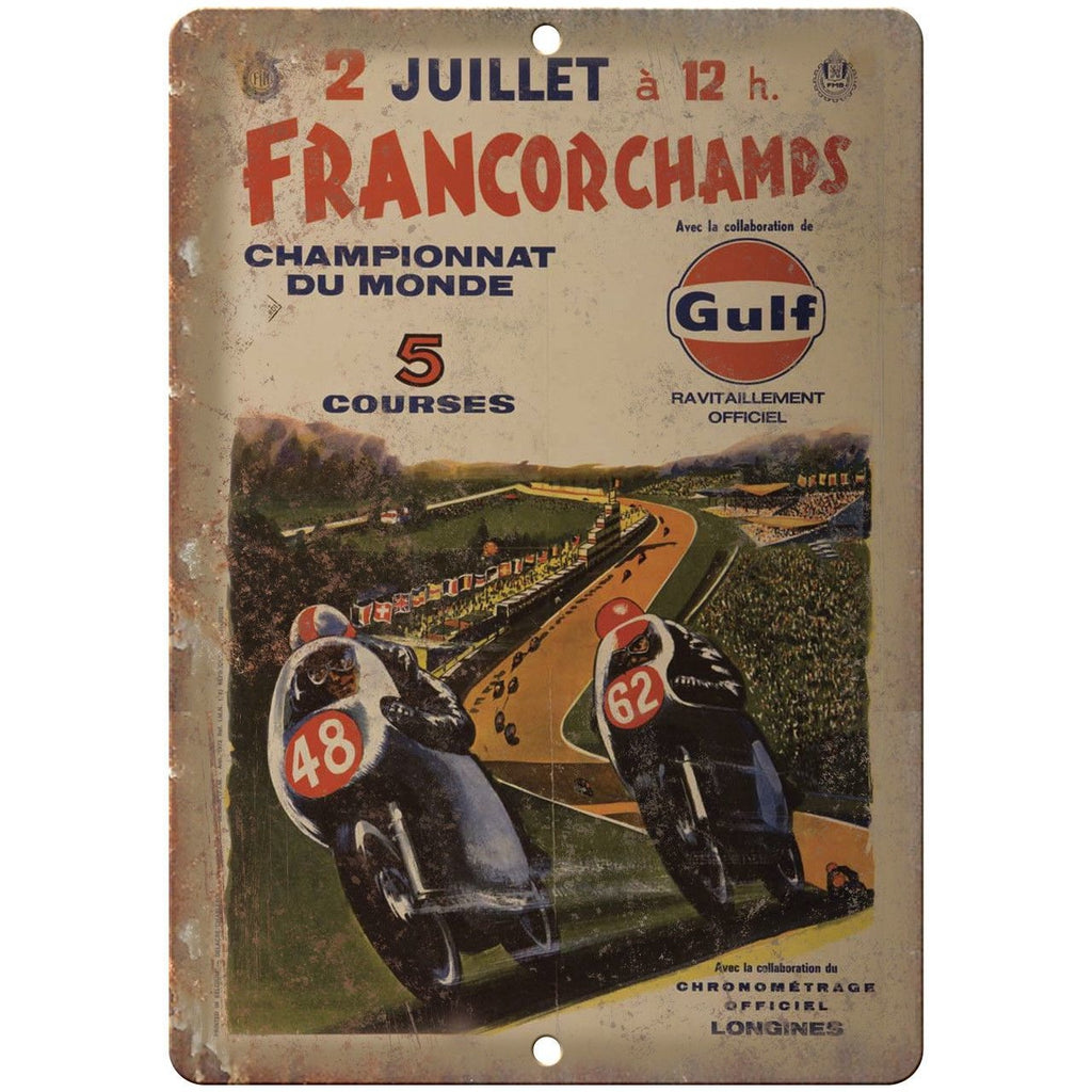 GULF Oil Motorcycle Juillet Francor Champs 10" x 7" Reproduction Metal Sign F42