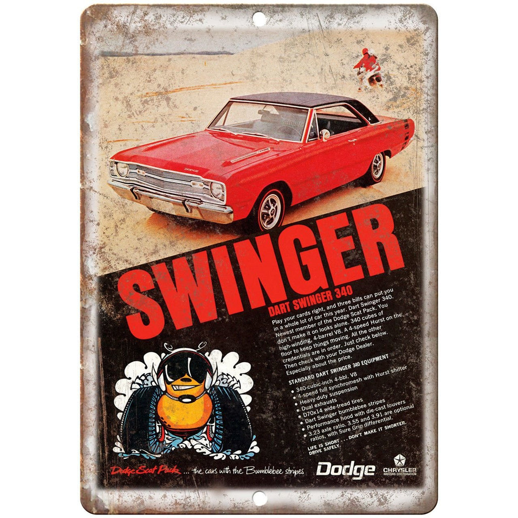 Dodge Swinger 340 Bumblebee Stripes Ad 10" x 7" Reproduction Metal Sign A216