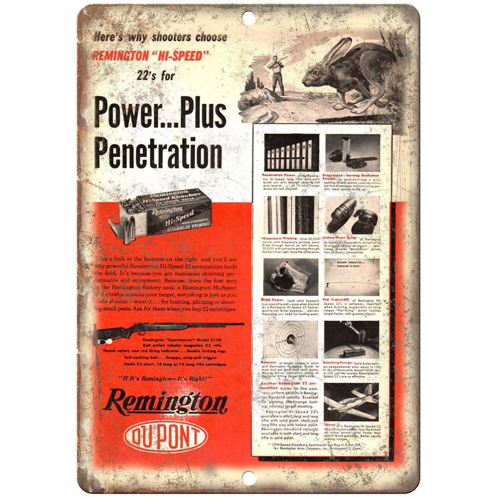 Remington 22. Caliber Power Plus Vintage Ad 10" x 7" Reproduction Metal Sign