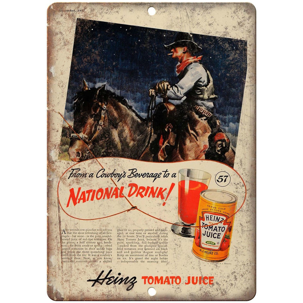 Heinz Tomato Juice Cowboy Vintage Ad 10" X 7" Reproduction Metal Sign N251