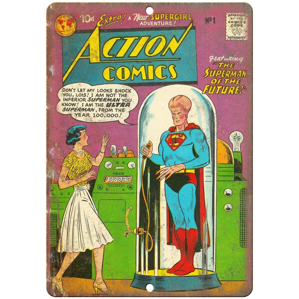 Action Comics Superman Supergirl 10" X 7" Reproduction Metal Sign J241