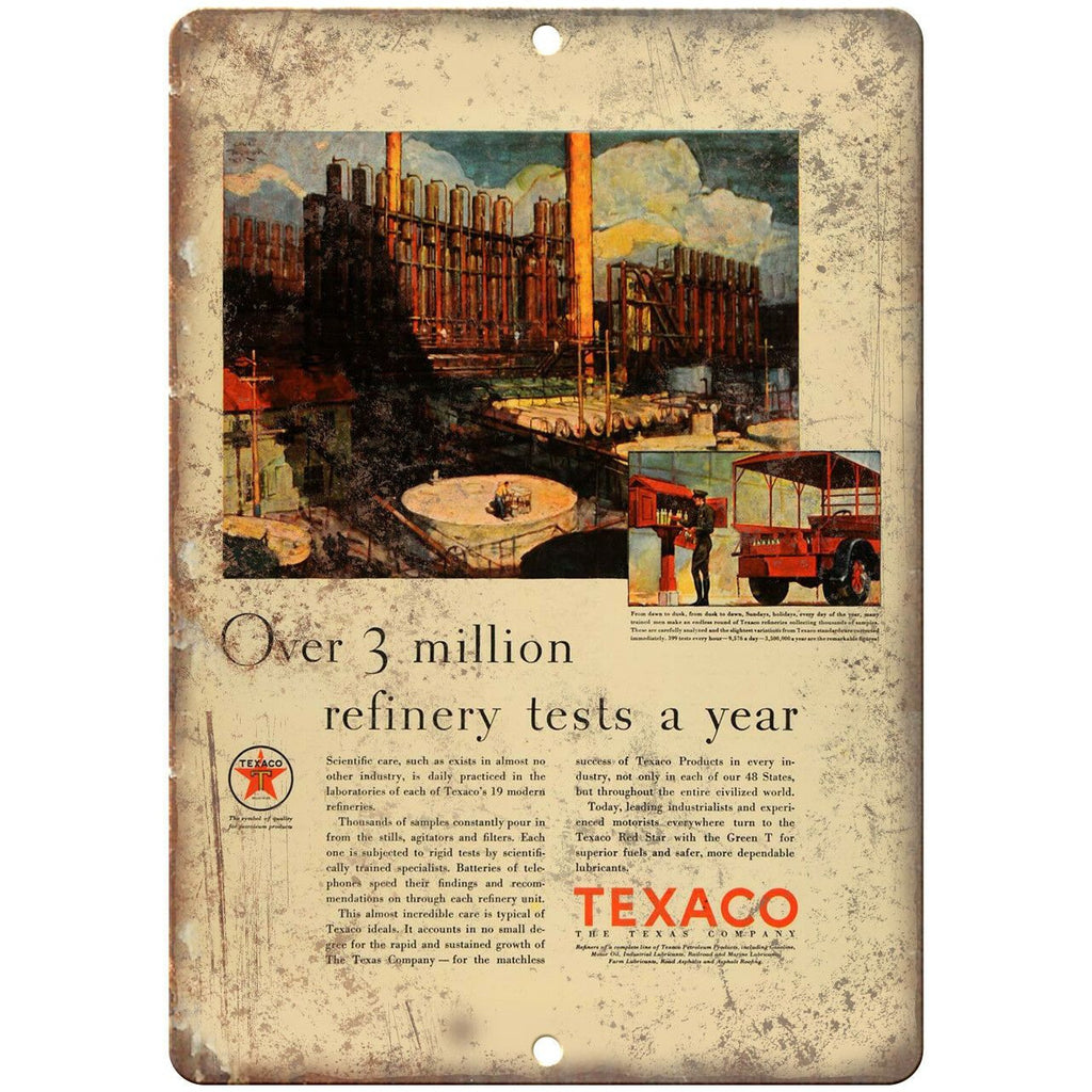 Texaco Refinery Tests Motor Oil Vintage Ad 10" X 7" Reproduction Metal Sign A795