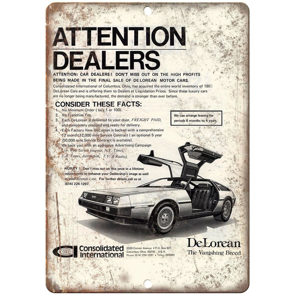 DMC DeLorean Consolidated International Car Ad - 10" x 7" Retro Look Metal Sign