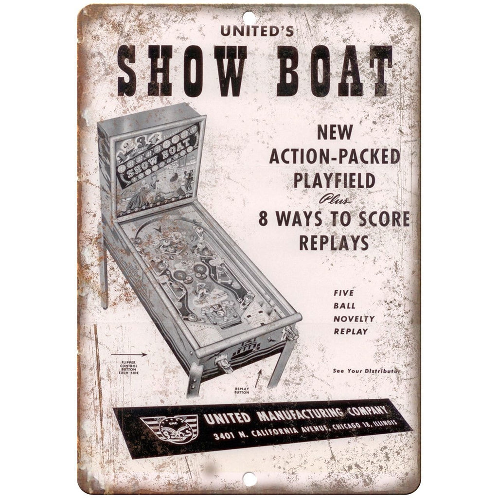 United's Show Boat Pinball Machine Ad 10" x 7" Reproduction Metal Sign G149