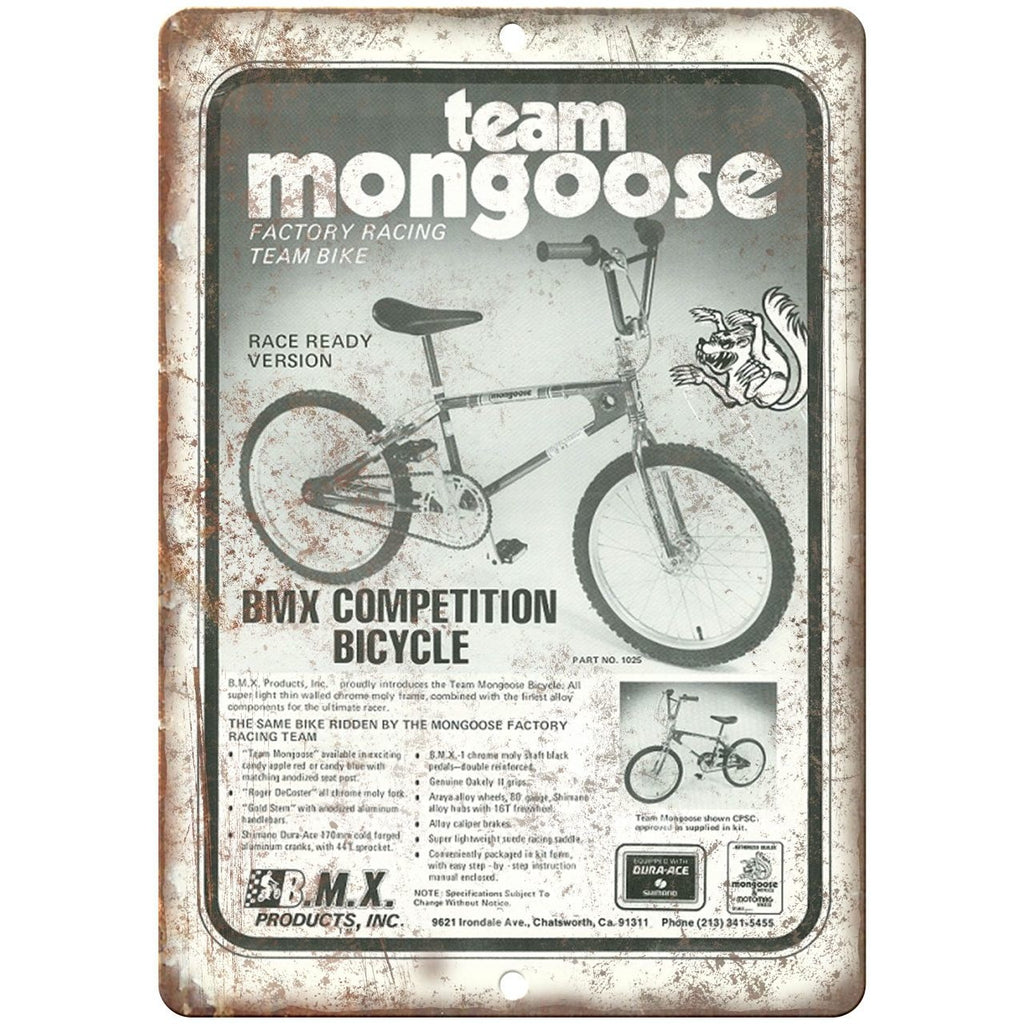 Team Mongoose BMX Bicycle - 10" x 7" Metal Sign - Vintage Look Reproduction
