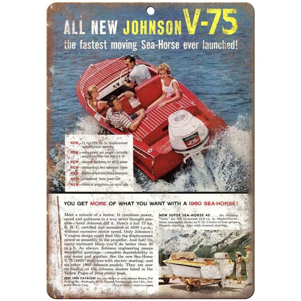 Johnson Sea Horses Outboard Motor V-75 Boating 10" x 7" Reproduction Metal Sign