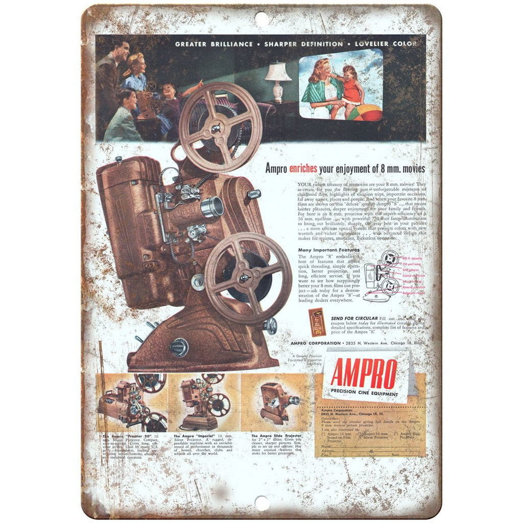 1947 - Ampro Movie Camera Ad - 10" x 7" Retro Look Metal Sign
