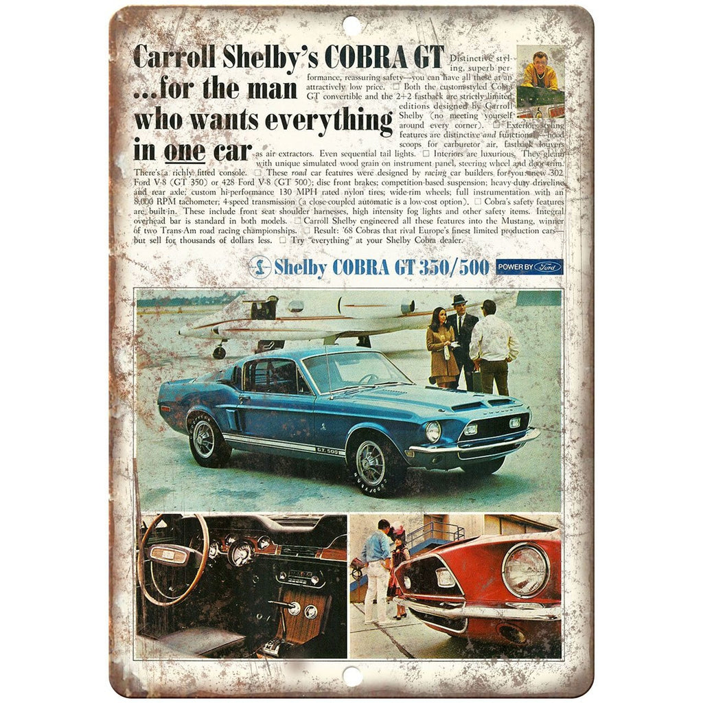 Ford Shelby Cobra GT 350/500 Retro Ad 10" x 7" Reproduction Metal Sign