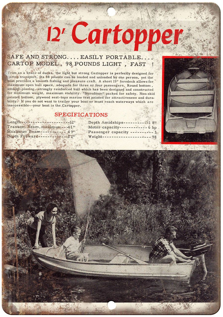 12' Cartopper Vintage Boat Ad 10" x 7" Reproduction Metal Sign L09