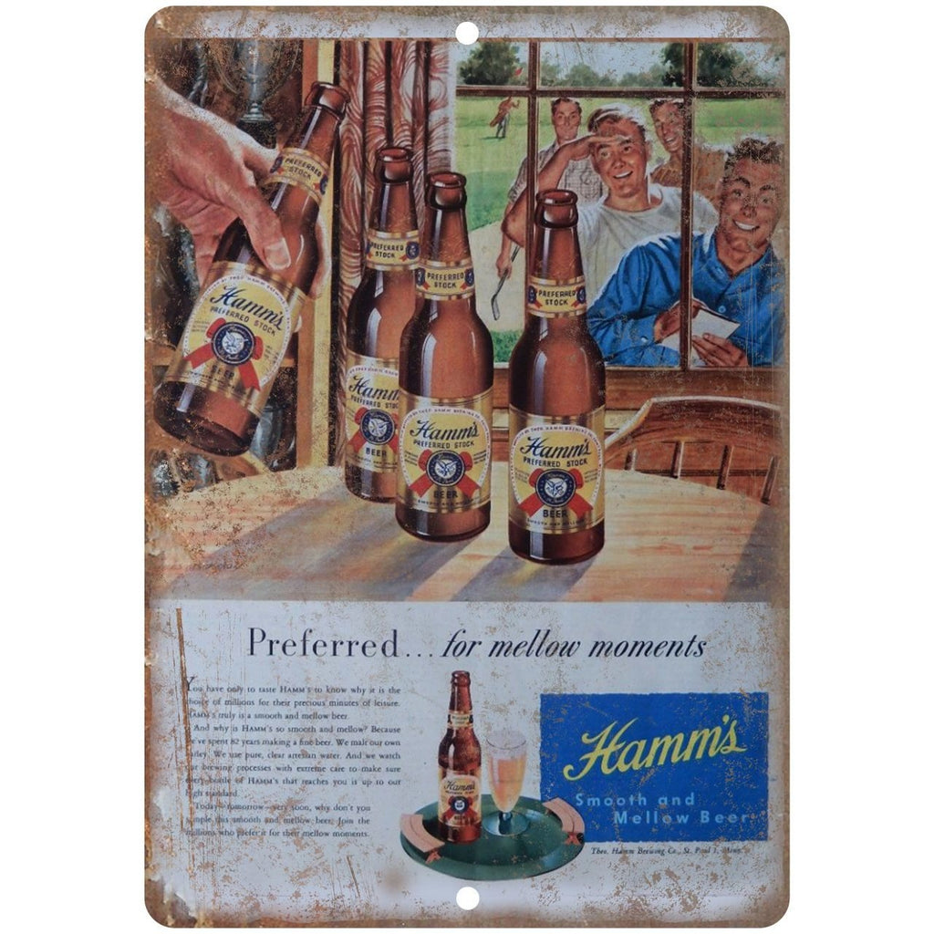 10" x 7" Metal Sign - Hamm's Beer Mellow Moments Ad - Vintage Look Reproduction