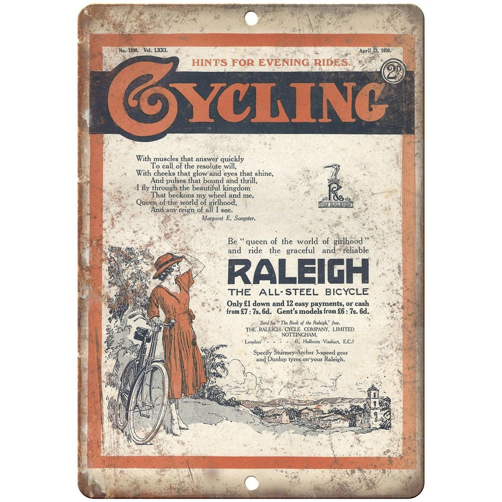 Raleigh Bicycle Cycling Vintage Ad 10" x 7" Reproduction Metal Sign B204