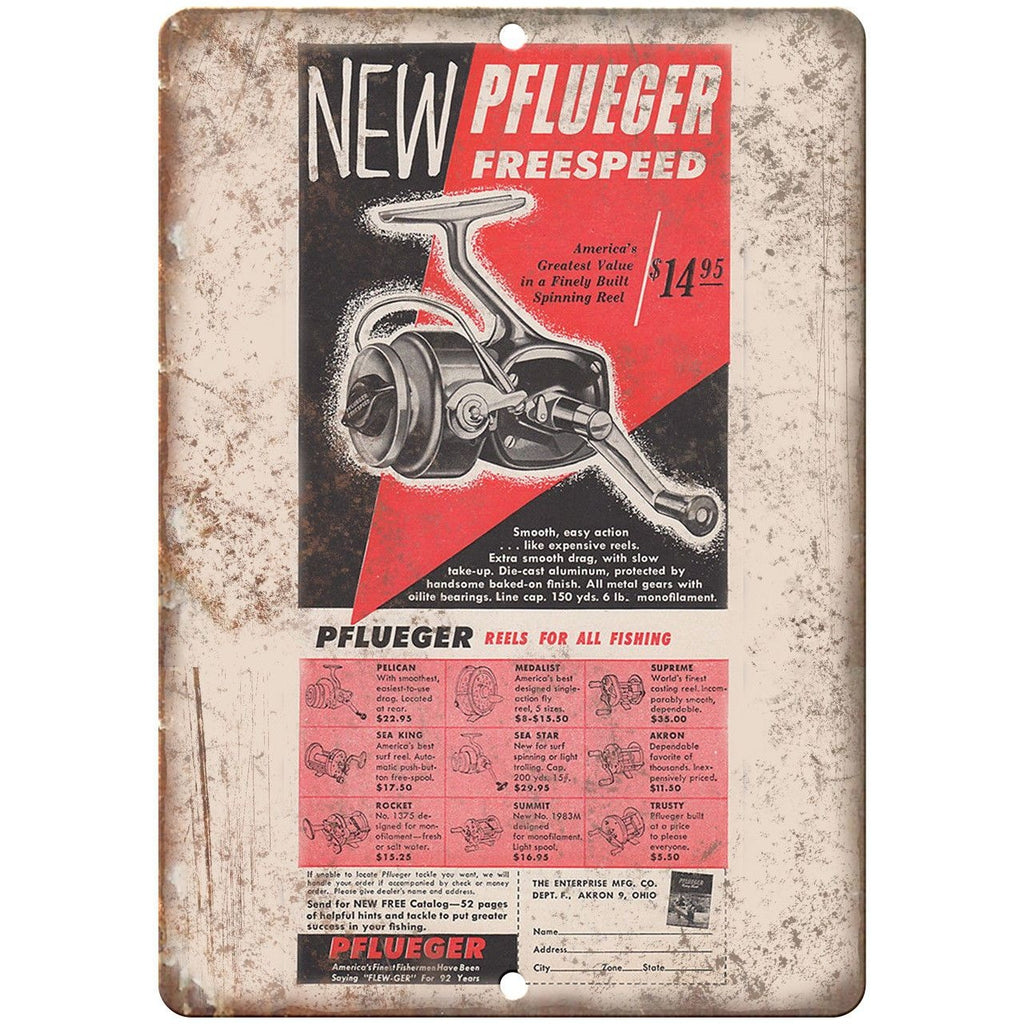Pflueger Freespeed Fishing Reel Vintage Ad - 10'" x 7" Reproduction Metal Sign