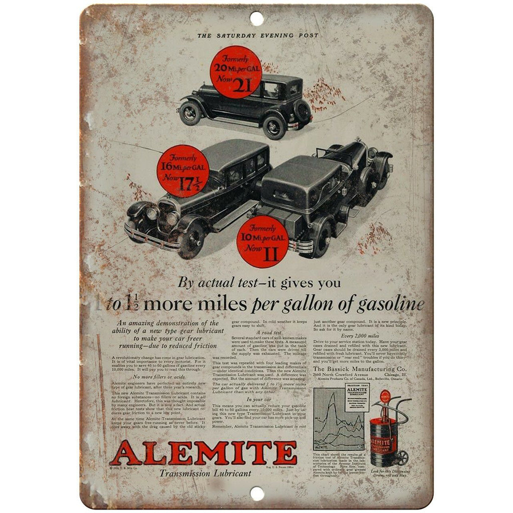 Alemite Transmission Lubricant Motor Oil 10" X 7" Reproduction Metal Sign A816