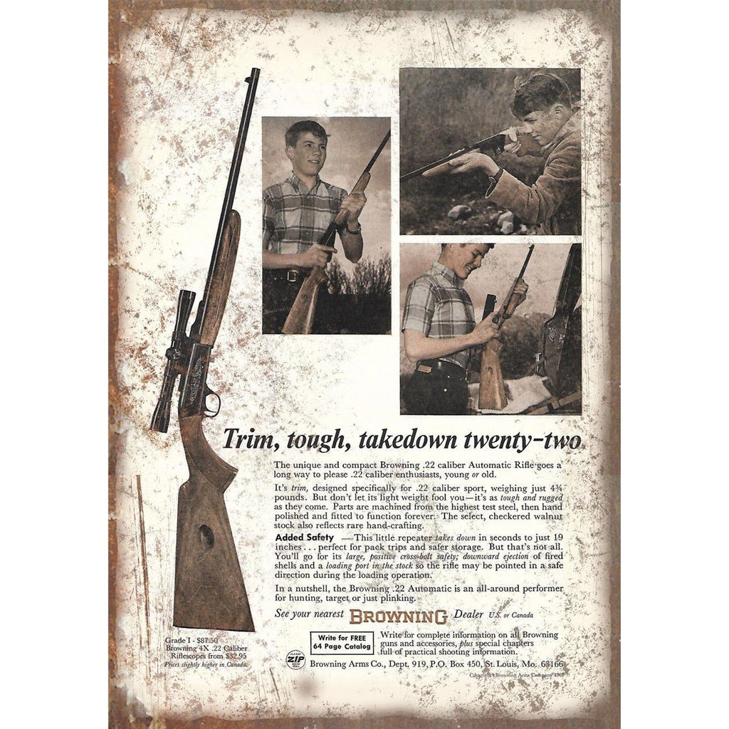 Browning .22 Automatic Rifle Vintage Ad 10" x 7" Reproduction Metal Sign