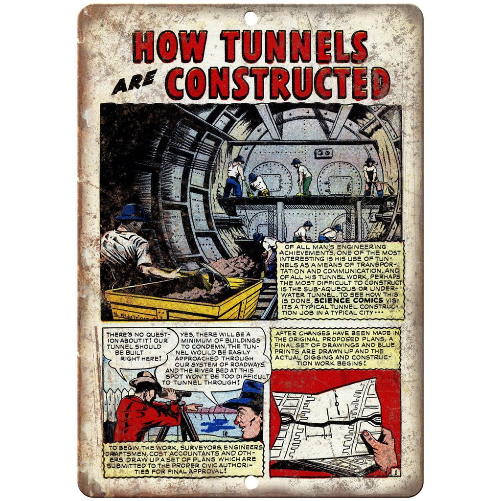 Science Comic How Tunnels Are Constructed 10" X 7" Reproduction Metal Sign J466