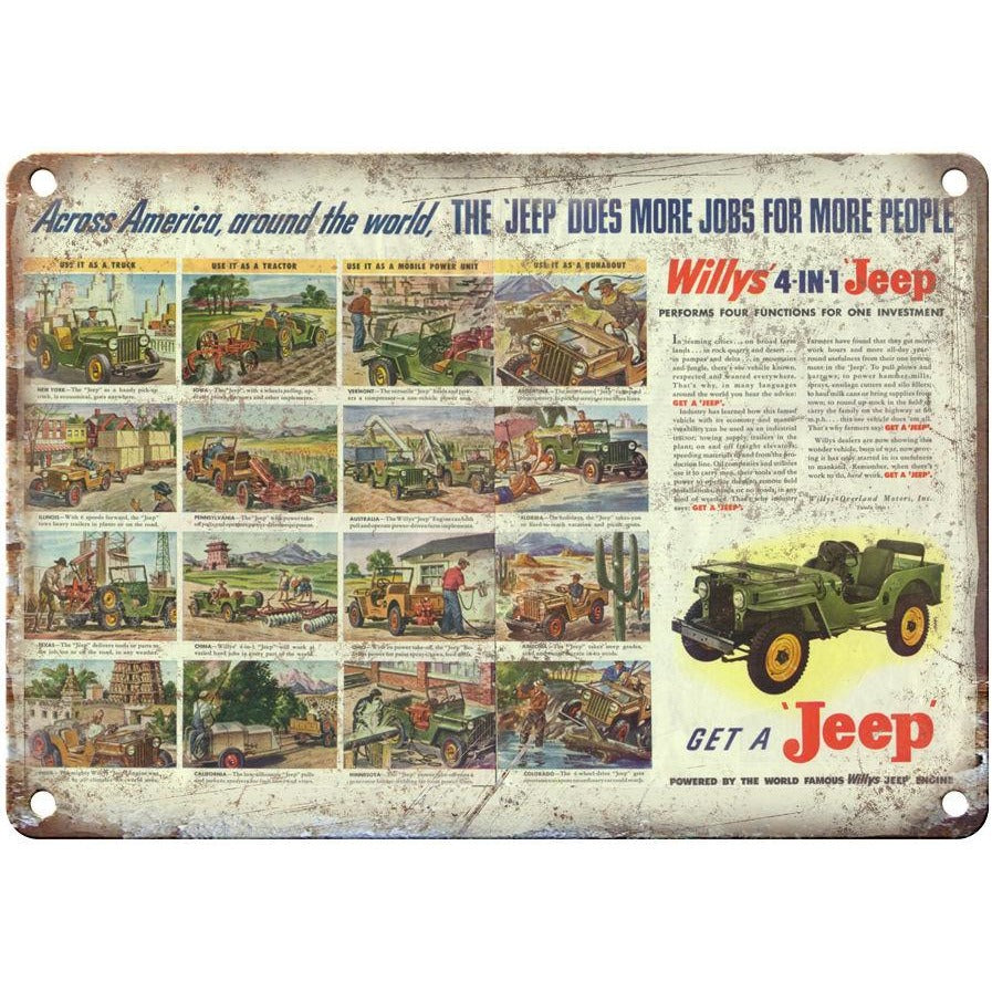 Jeep Willys Overland 4 in 1 Jeep 10" x 7" Reproduction Metal Sign