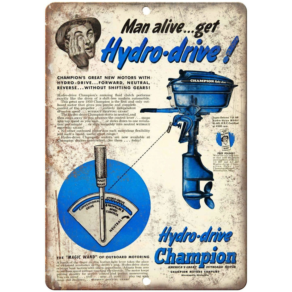 Champion Hydro Driver Outboard Motor 10" x 7" Reproduction Metal Sign L39