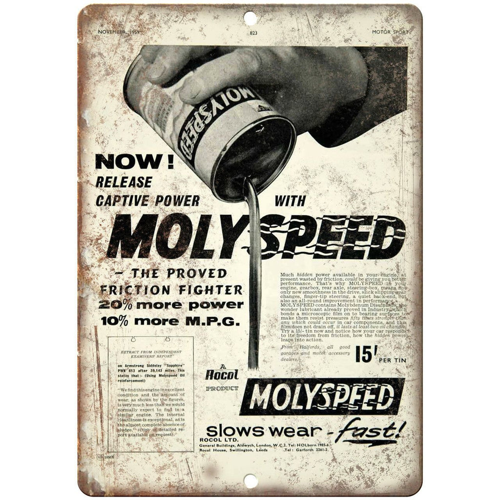 Molyspeed Motor Oil Vintage Ad 10" X 7" Reproduction Metal Sign A722