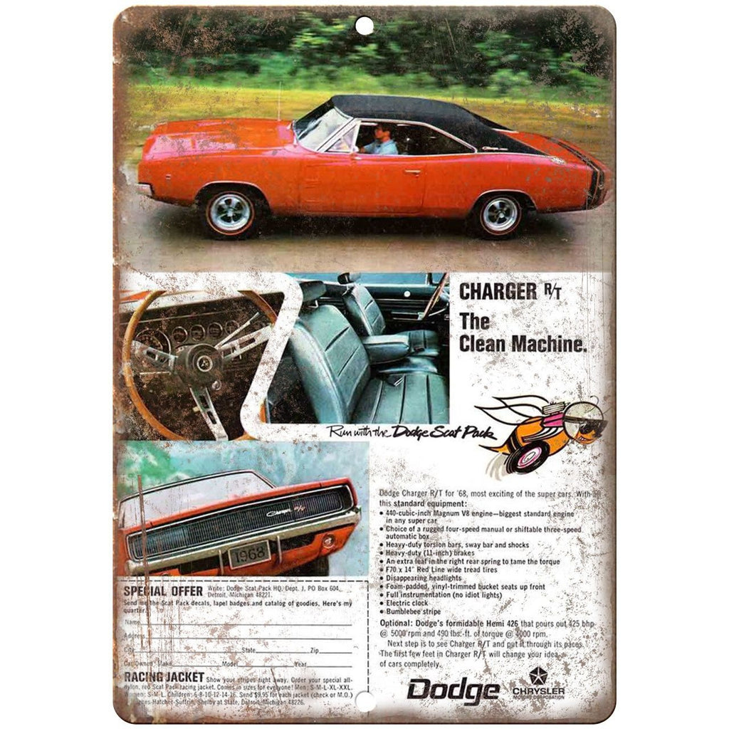 1968 Dodge Charger 10" x 7" Vintage Look Reproduction